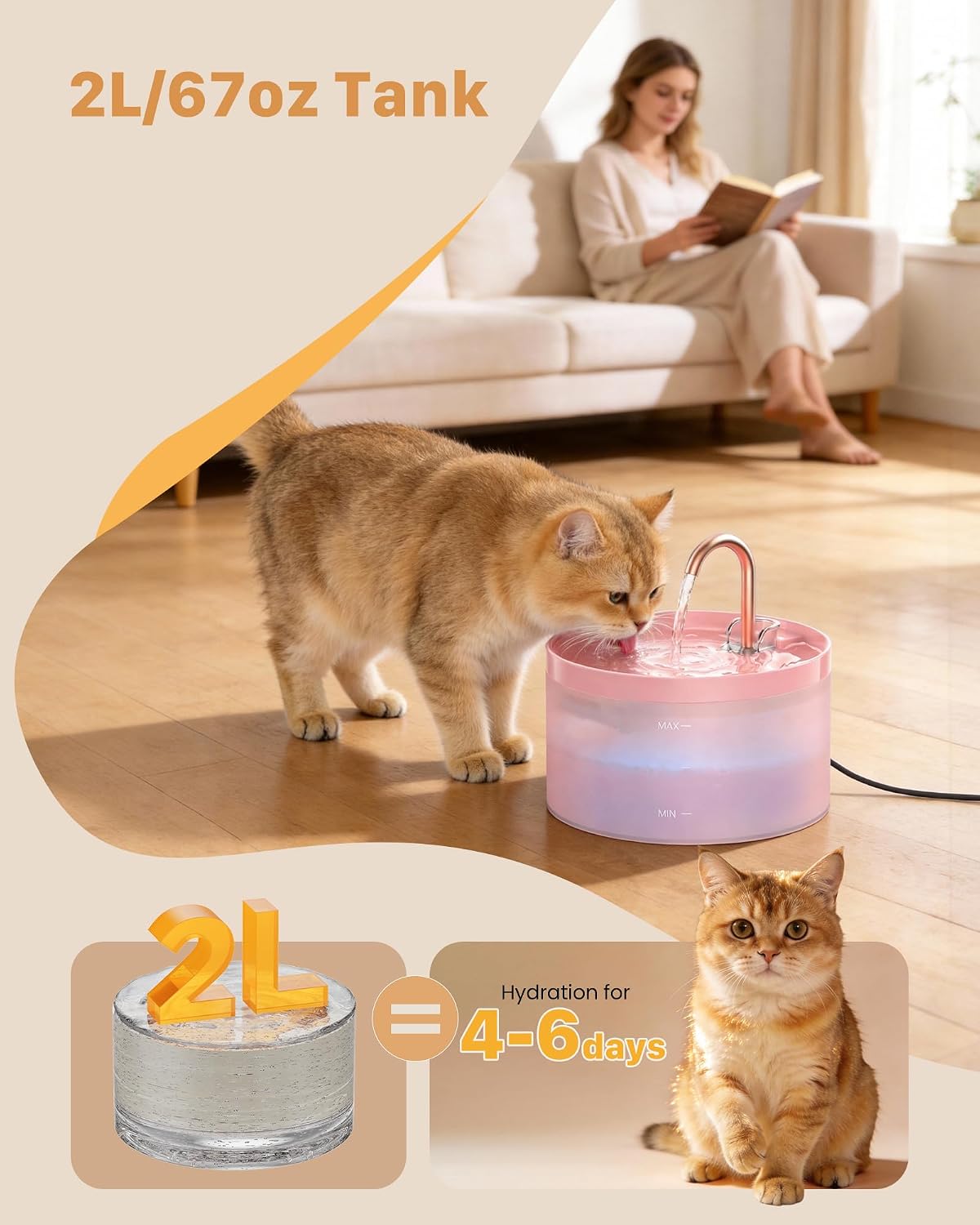 Cat Water Fountain Pink for Drinking: 67oz/2L Cat Fountain - GIOTOHUN Cute Pet Water Fountain for Cats Inside - Quiet Pet Fountain - Faucet Cat Drinking Fountain - Suitable for Kitty & Kitten - Image 8